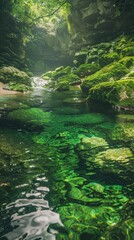 Alluring Hidden River Swimming Hole in Lush Tropical Rainforest Landscape with Crystal Clear Waters and Moss-Covered Rocks