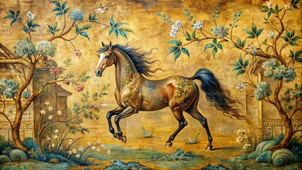 An abstract artistic background with vintage illustrations, horses, chinoiserie, golden brush strokes. Oil on canvas. Modern artwork for wallpapers, posters, cards, murals, prints, wall art, etc.