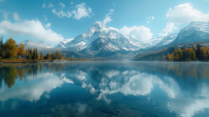 Serene landscape of snow-capped mountain reflected in crystal-clear lake amidst untouched wilderness