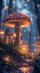 Illustration of a whimsical forest with oversized mushrooms and glowing fireflies at twilight
