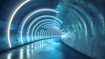 A sleek and modern underground tunnel with smooth, curved walls and soft ambient lighting, creating a futuristic and minimalist atmosphere.