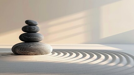 Illustration of a serene Zen garden with raked sand patterns and minimalist stones, suitable for a peaceful meditation space background