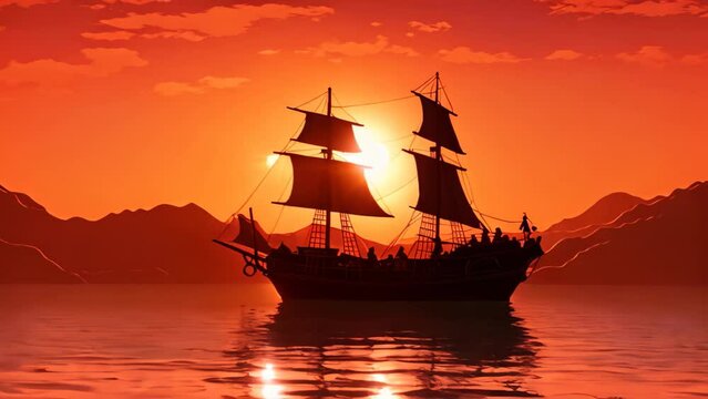 A pirate ship sailing across a body of water, navigating through the raging waves on a daring adventure, Silhouette of a Chinese junk boat against a sunset backdrop