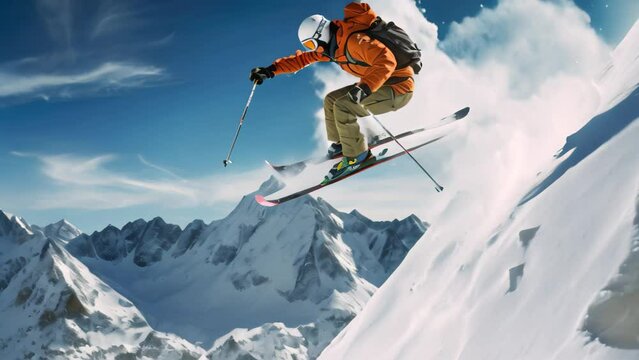A man defying gravity as he flies through the air while riding skiis, Skier performing a jump on a snowy mountain slope