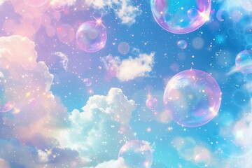 Naklejka premium Whimsical soap bubbles float amongst pastel clouds in a dreamy skyscape, invoking a sense of wonder and imagination.