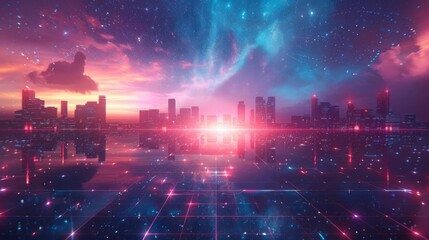 Futuristic cityscape with holographic buildings and neon lights under a starry sky