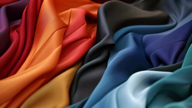 Vibrantly colored fabric in various shades and patterns neatly arranged on a table, ideal for creative crafting and sewing endeavors, Smart fabric changing its color and texture