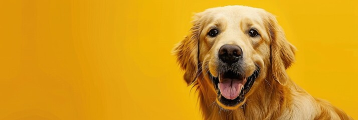 Golden Yellow Background. Funny White Labrador Retriever Puppy Blinking Eye with Mouth Open