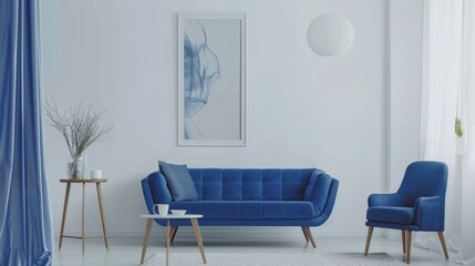 Modern Blue Interior Design with Sofa, Curtains, Armchair, Table, and Posters