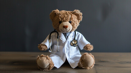 teddy bear dressed in a doctor's white coat and stethoscope standing as a beacon of comfort and...