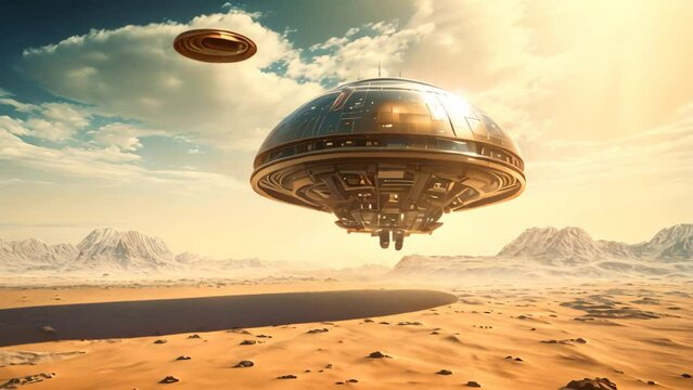 Spaceship Abandoned in Desert, Stranded Extraterrestrial Craft in Arid Landscape, Spacecraft landing on a faraway, technologically advanced alien planet