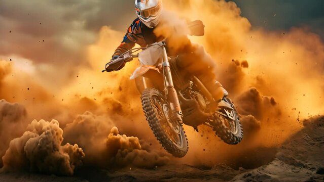A person on a dirt bike soaring through the air with a thrilling sense of freedom and adventure, Spectacular motocross race with a competitor performing a stunt