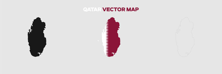 Qatar Map Vector Pack. Map with Flag. Gray Map Silhouette. Gray Outline Map. Editable EPS file. 
