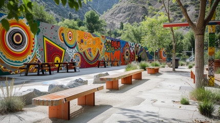 Graffiti art enhances local park, creating vibrant backdrop for community gatherings and events.
