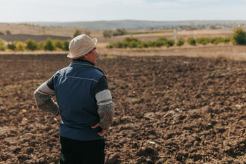 Fields of Experience Active Senior Engaged in Agricultural Activity, back view