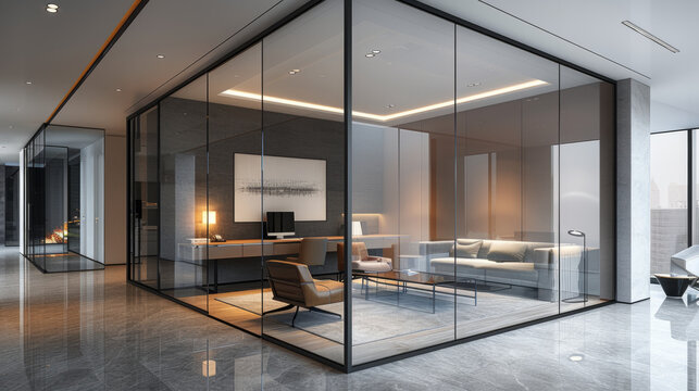 Innovative design of modern business office workplaces with glassed partitioned areas fostering collaboration and productivity.