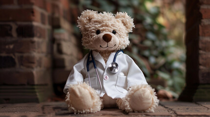 teddy bear dressed in a doctor's white coat and stethoscope standing as a beacon of comfort and...