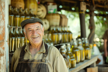 A smiling farmer proudly displays freshly bottled olive oil in rustic containers outside his charming countryside farm stand.
