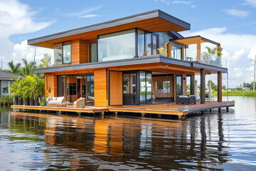 Fototapeta na wymiar Modern floating homes, designed to withstand floods, showcasing resilient living on water with stylish, flood-resistant architecture.