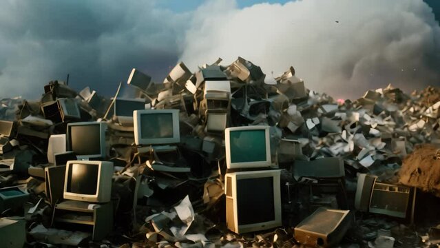 A pile of old TVs is seen atop a pile of rubble, creating a visual juxtaposition of obsolete technology and disarray, Technological waste thrown in a landfill