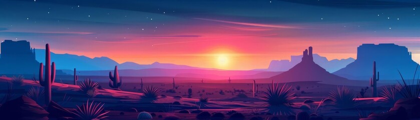 Artistic representation of a desert at sunset, with long shadows, cacti, and colorful sky gradients