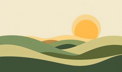 A landscape of flat design rolling hills in alternating shades of green and earth tones, Generative AI