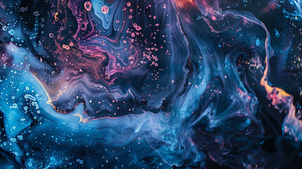 Stardust cascade marble ink meandering through a cosmic cascade, capturing the dynamic flows and shimmering particles found within celestial nebulae. - obrazy, fototapety, plakaty