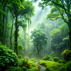  Forest Rain: The patter of raindrops falling amidst the lush greenery of a forest, generative ai