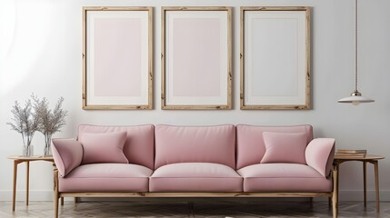 Blank poster frames mock up in Bright living room with pink sofa and light blue wall, pink arches on wooden floor , green plants, living room interior background, 3d rendering ai generated 