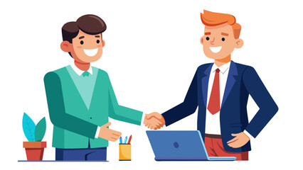 Smiling middle aged business man handshaking partner making partnership collaboration agreement at office meeting, simplistic flat vector illustration, isolated, no background