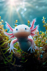 axolotl in aquarium water. Selective focus.