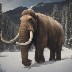 Obraz premium Majestic Mammoth: A Snowy Encounter with Towering Trees and Majestic Mountains