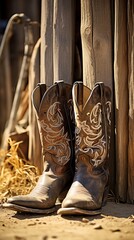 Closeup of a cowboys weathered boots and spurs against a wooden fence, symbolizing the enduring spirit and lifestyle of a cowboy