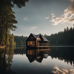 Fototapeta premium Serene Waterfront Living: Charming House on the Water with Tranquil Trees in the Background