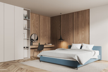 Stylish home bedroom interior with bed and beauty table with shelves