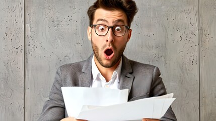 Shocked young man in a gray suit holding papers, displaying an expression of surprise and disbelief with wide eyes and mouth open. Studio portrait, versatile for various concepts. AI - obrazy, fototapety, plakaty