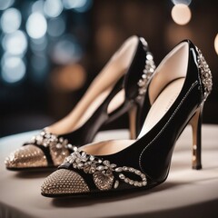 Naklejka premium Elegant Black Shoes with Timeless Style on a Modern Table - Fashionable Footwear for Every Occasion