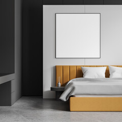 Stylish hotel bedroom interior with bed and nightstand. Mockup frame