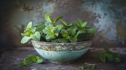 Vintage porcelain bowl filled with freshly picked mint leaves