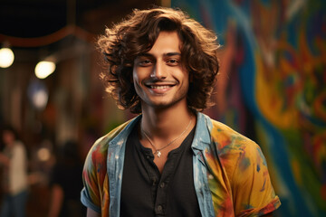 young indian man standing at colorful art studio