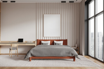 Modern hotel bedroom interior with bed and workspace. Mockup frame - obrazy, fototapety, plakaty