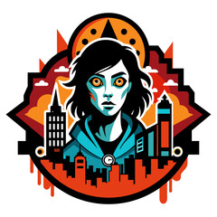 Captivating sticker showcasing a cityscape adorned with eye-catching street art and the silhouettes of fashionable individuals, conveying the edgy allure of urban street culture