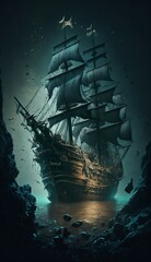 A Majestic Ship Sailing on the Ocean Waves under a Silver-Glowing Full Moon