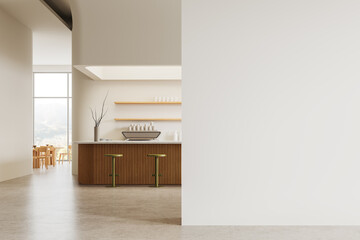 Modern cafe interior with empty wall, wooden counter, and natural light background, concept of cozy space. 3D Rendering