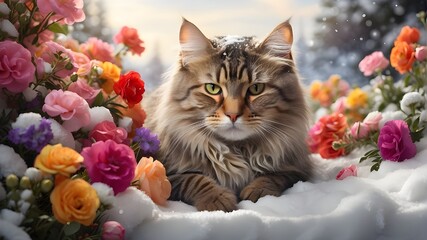  A photorealistic image of a cat sitting gracefully amidst a blanket of snow, surrounded by colorful flowers peeking through the snow-covered ground