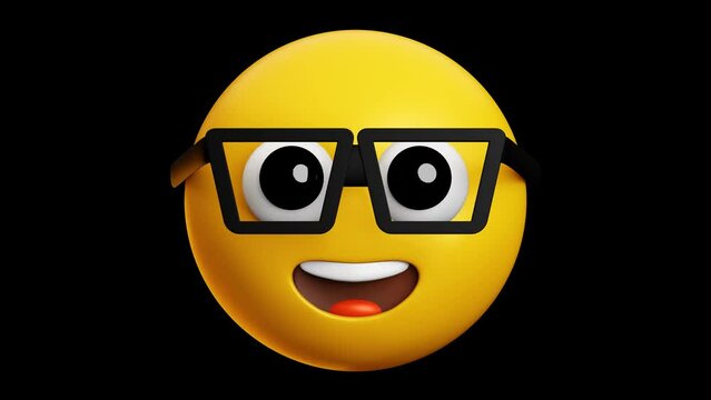 Smart face with glasses and closed eyes emoji, 3d emoticon animation, Alpha channel, Transparent video