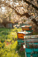 Obraz premium Bee hives in a blooming garden. Selective focus.