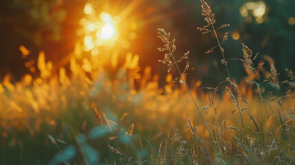 Serene sunset illuminates untamed tall grass in picturesque rural scenery, celebrating nature's beauty.