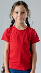 Little girl wearing red blank white t shirt mockup for print image portrait isolated