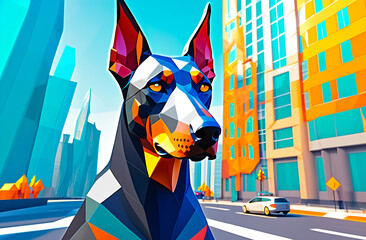 Portrait of a Doberman on the background of the city